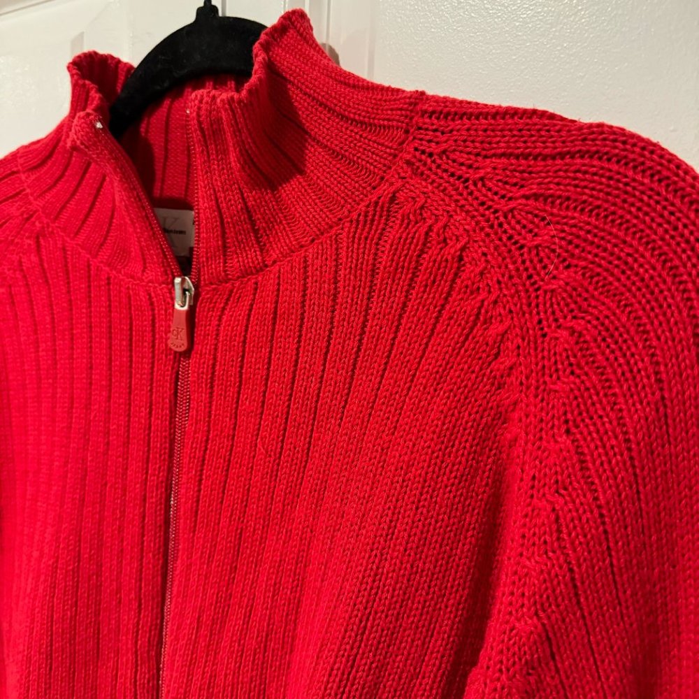 Calvin Klein Red Cotton Zip Up Ribbed Sweater - Size Large - Picture 2 of 10